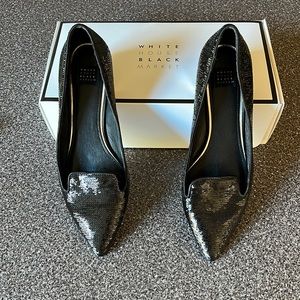 White House Black Market Black Starla Black Sequin Flat, worn once, Size 9